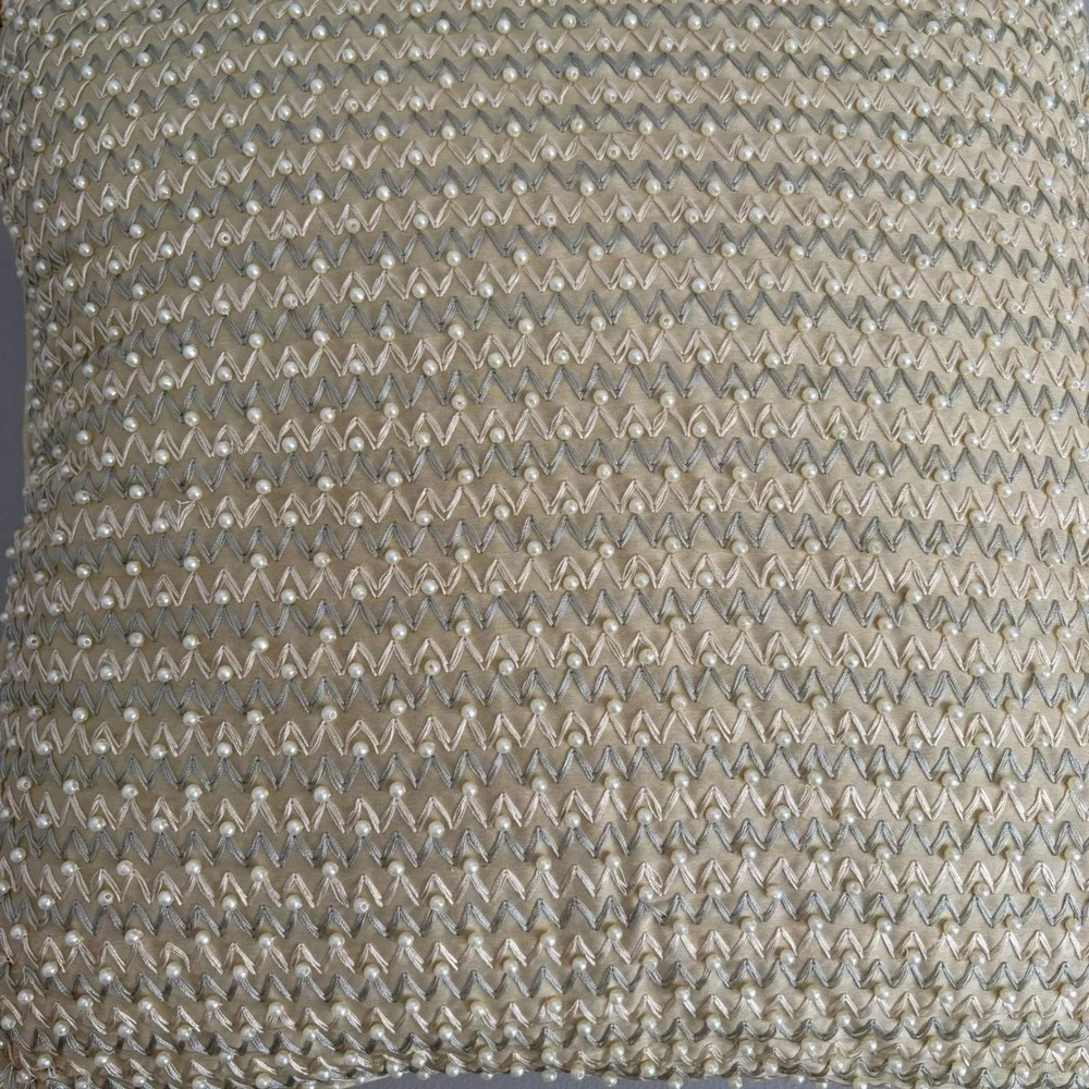 Gold Beaded Chevron Silk Throw Pillow Faux Pearl Embroidered Square Accent 16in
